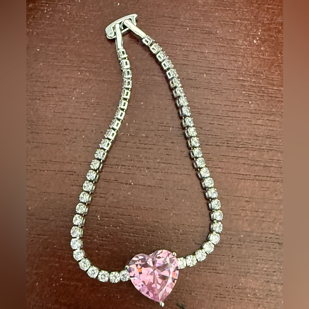 Pink Heart Silver Tennis Bracelet - Picture 2 of 9